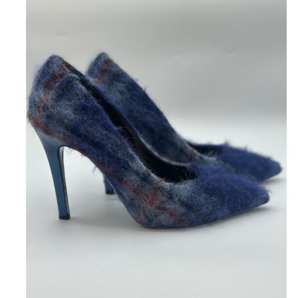 MSGM Fuzzy Wool Stiletto Heels – Blue Plaid – Made in Italy – Statement Pumps